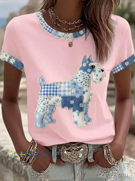 Dams söt blommig hundtryckt casual t-shirt - runt / S