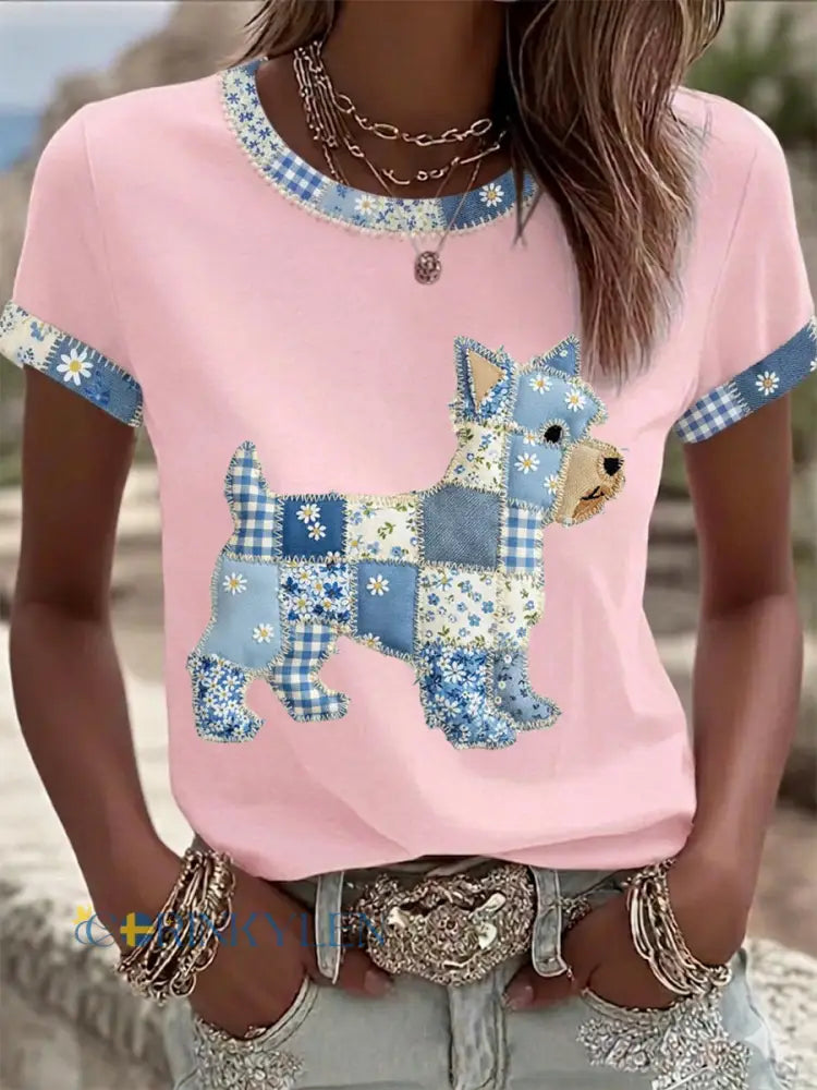 Dams söt blommig hundtryckt casual t-shirt - runt / S