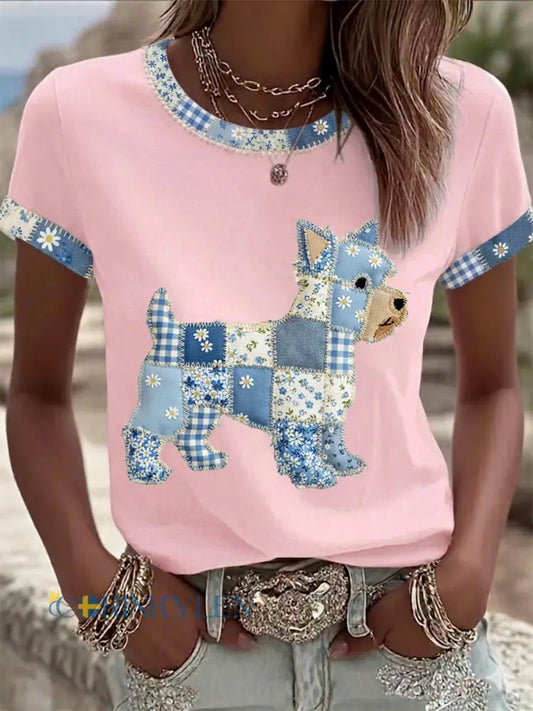 Dams söt blommig hundtryckt casual t-shirt - runt / S