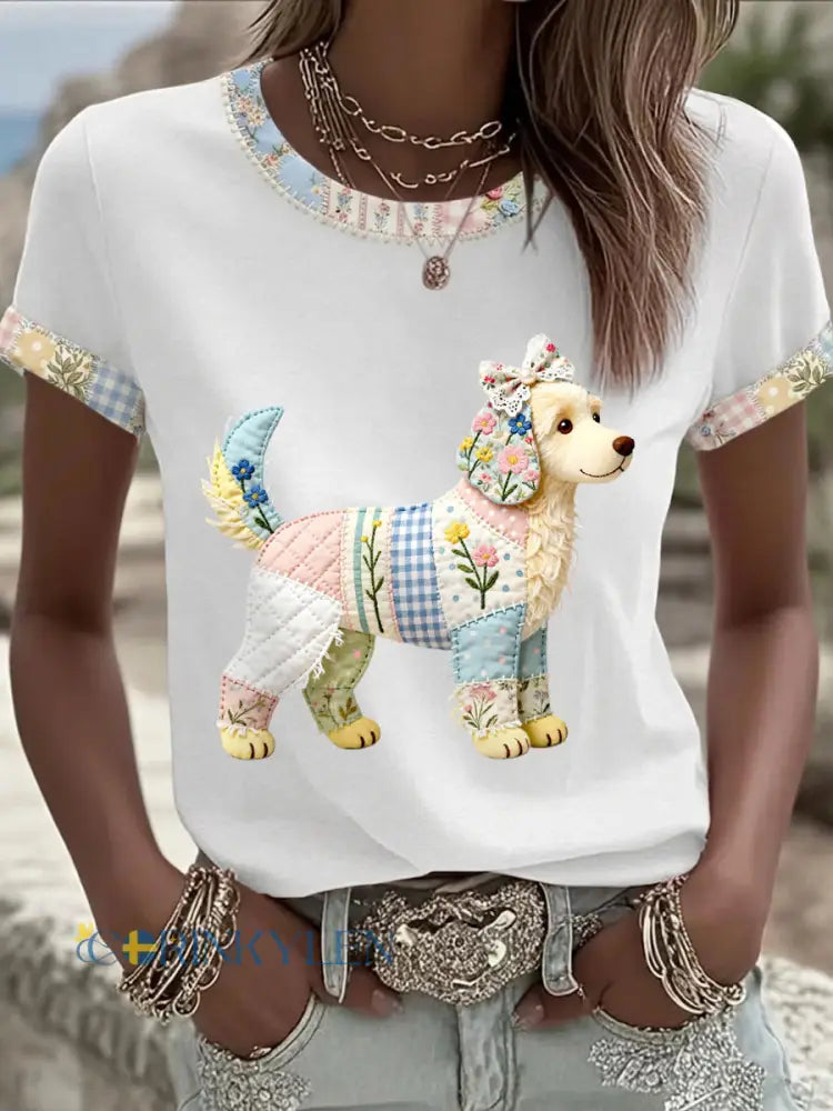 Dams söt blommig hundtryckt casual t-shirt - vitt / S