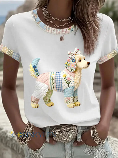 Dams söt blommig hundtryckt casual t-shirt - vitt / S