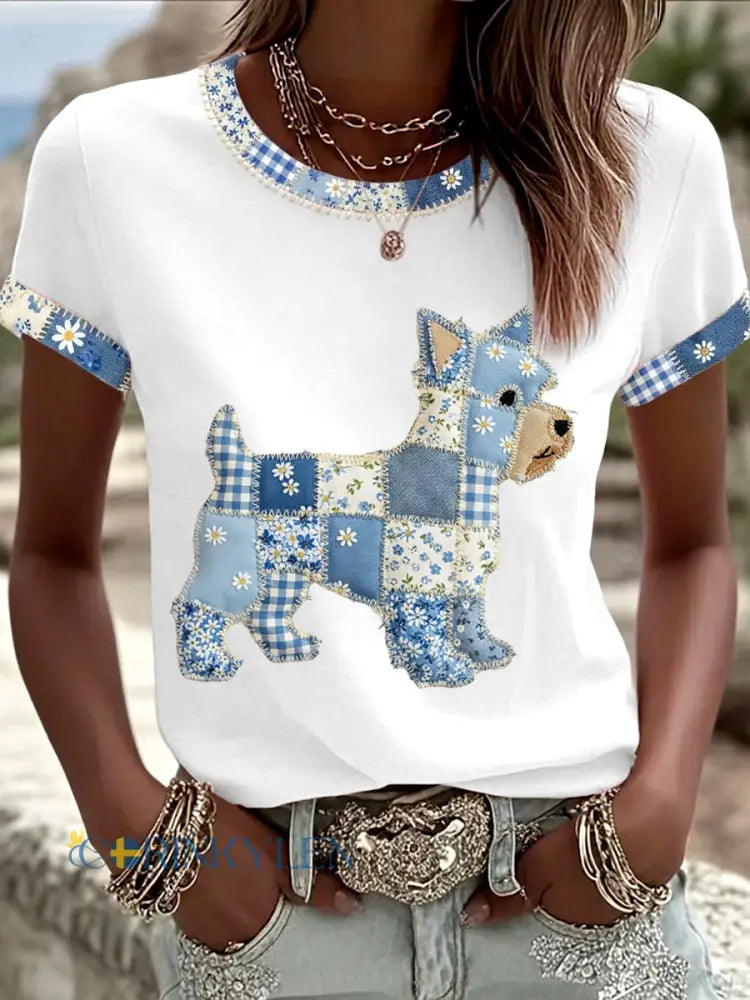 Dams söt blommig hundtryckt casual t-shirt - vitt / S