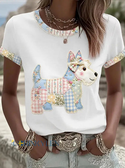 Dams söt blommig hundtryckt casual t-shirt - vitt / S