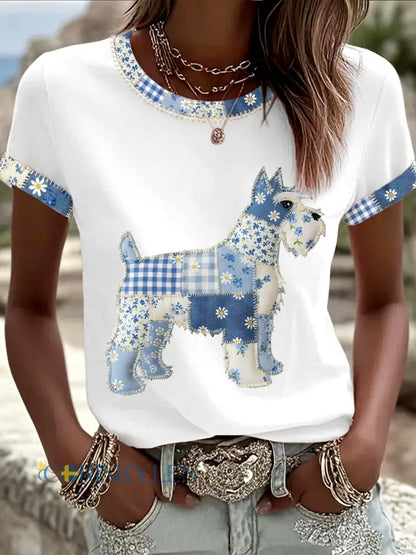 Dams söt blommig hundtryckt casual t-shirt - vitt / S