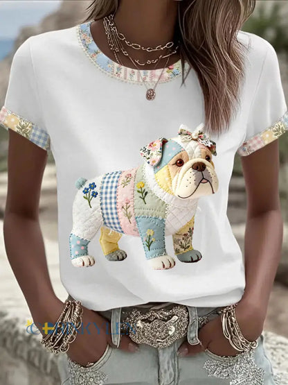 Dams söt blommig hundtryckt casual t-shirt - vitt / S