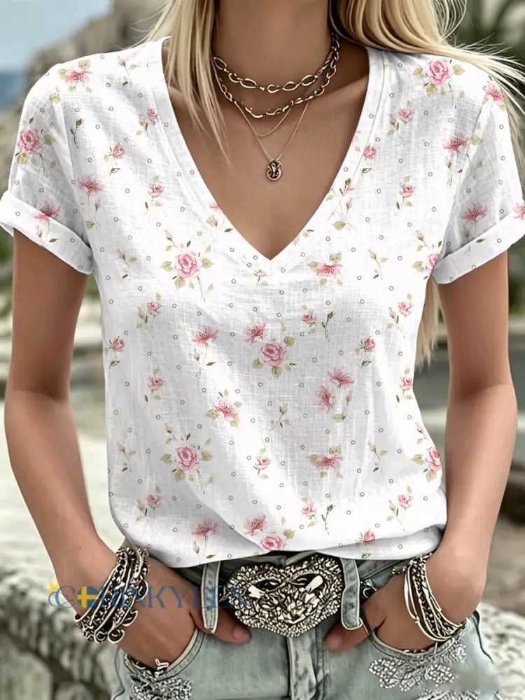 Dams T-shirt i rosa med blommönster och v-ringning avslappnad stil - som bild / S