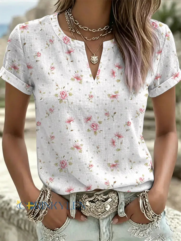 Dams T-shirt i rosa med blommönster och v-ringning avslappnad stil - som bild / S