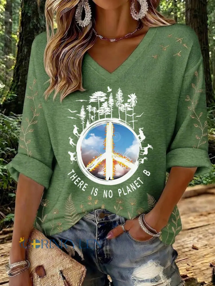 Dams T-shirt i vaffeltyg med tryck: There Is No Planet B - militär grön / S
