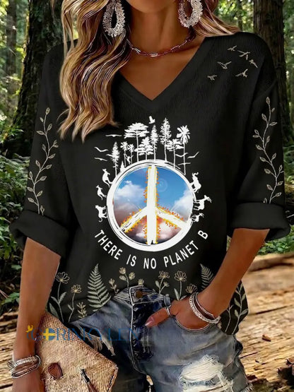Dams T-shirt i vaffeltyg med tryck: There Is No Planet B - svart / S
