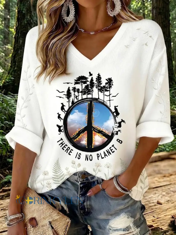 Dams T-shirt i vaffeltyg med tryck: There Is No Planet B - vit / S
