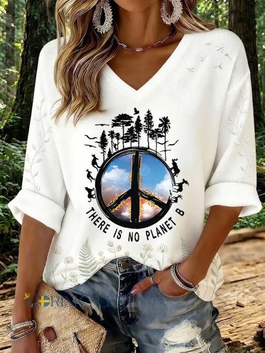 Dams T-shirt i vaffeltyg med tryck: There Is No Planet B - vit / S