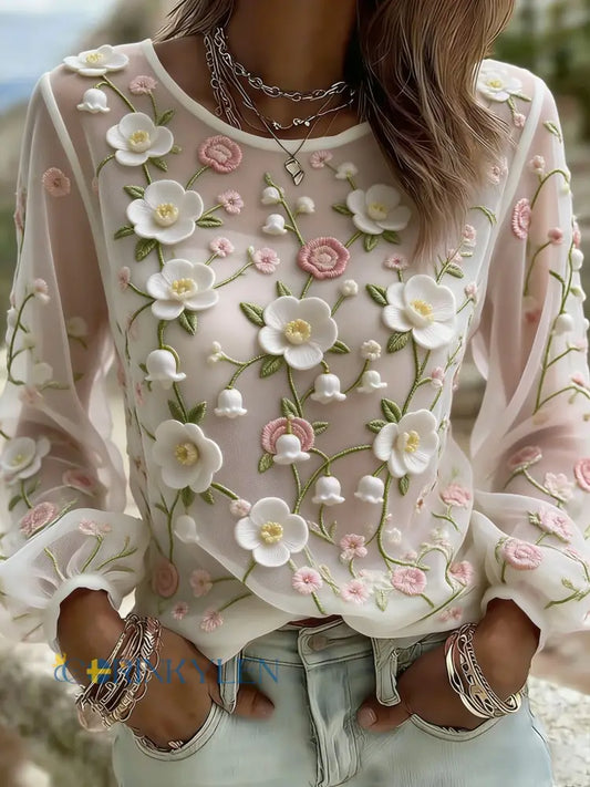 Dams T-shirt med blommönstrad konsttryck och långa ärmar – avslappnad stil - vitt / S