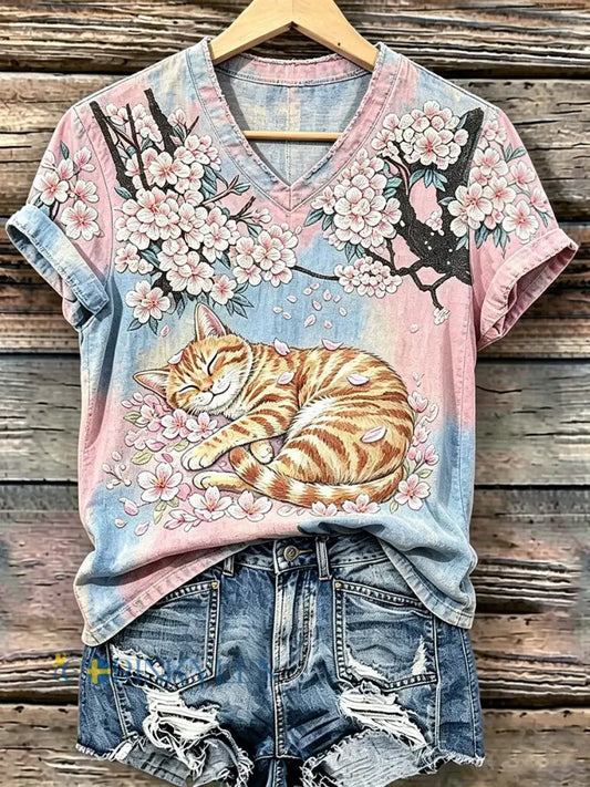 Dams T-shirt med kattkonsttryck avslappnad stil - som bild / S