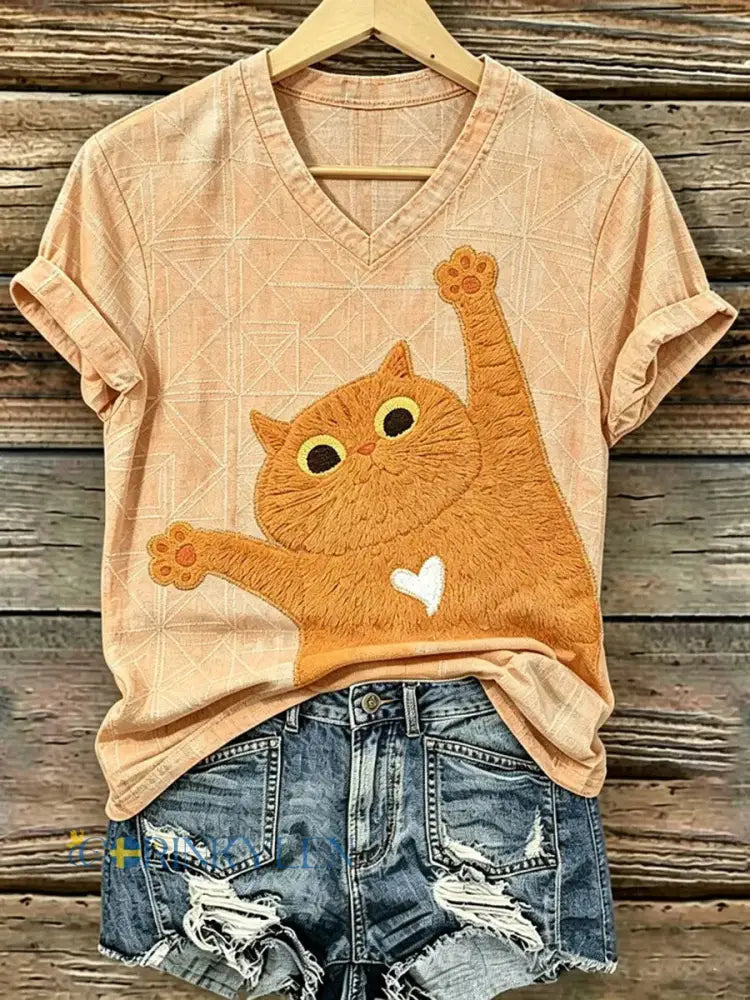 Dams T-shirt med kattkonsttryck avslappnad stil - som bild / S