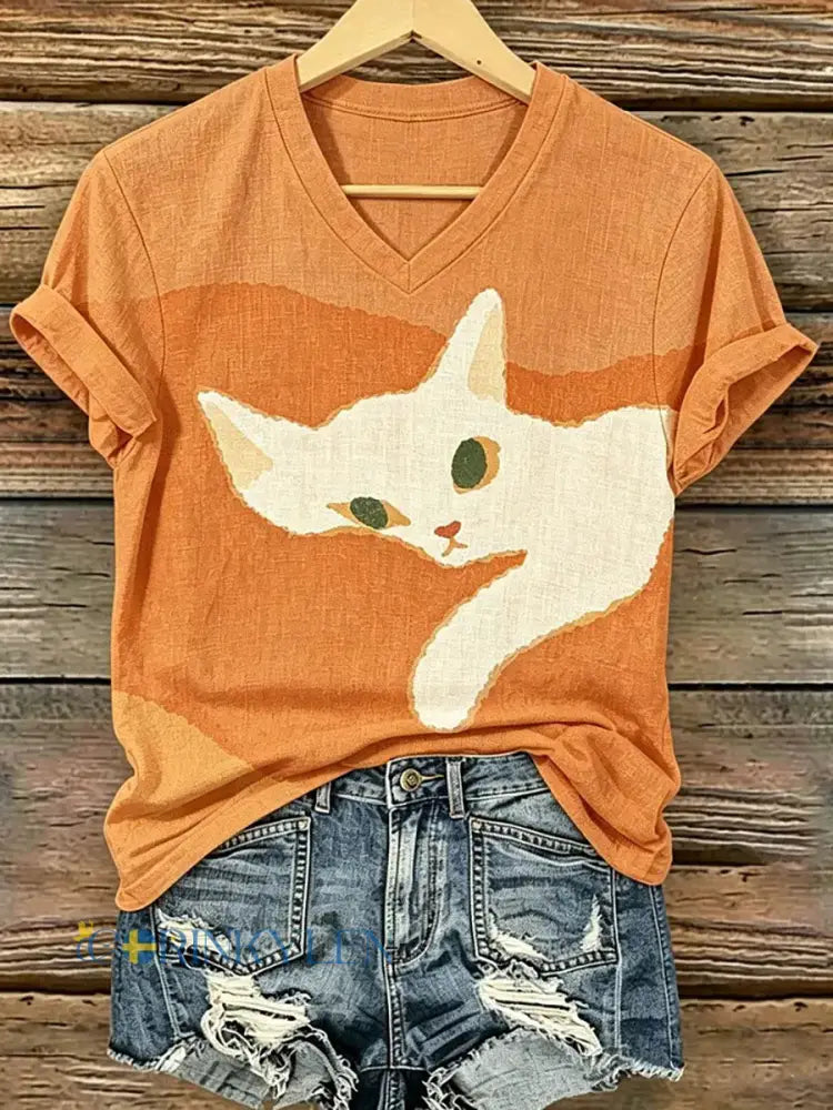 Dams T-shirt med kattkonsttryck avslappnad stil - som bild / S