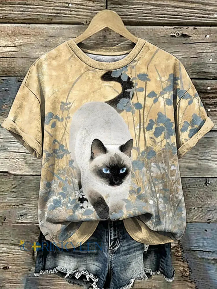 Dams T-shirt med kattkonsttryck och korta ärmar - som bild / S