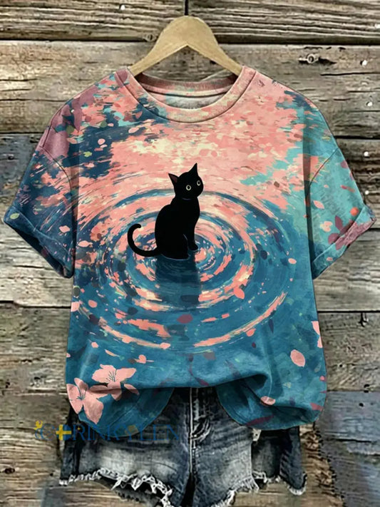 Dams T-shirt med kattkonsttryck och korta ärmar - som bild / S