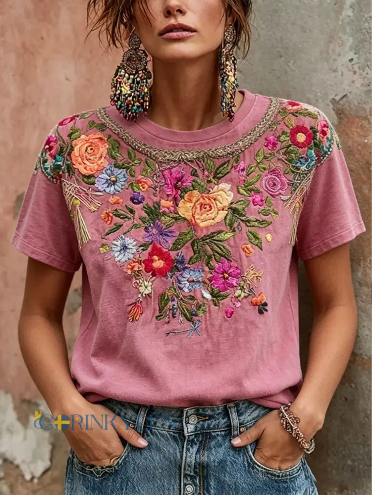 Dams T-shirt med rosa blommiga motiv för bröstcancermedvetenhet - runk / S
