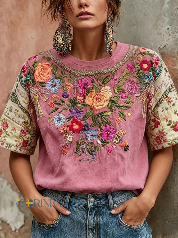 Dams T-shirt med rosa blommiga motiv för bröstcancermedvetenhet - runk / S