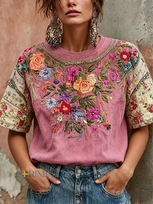 Dams T-shirt med rosa blommiga motiv för bröstcancermedvetenhet - runk / S