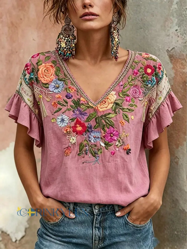 Dams T-shirt med rosa blommiga motiv för bröstcancermedvetenhet - runk / S