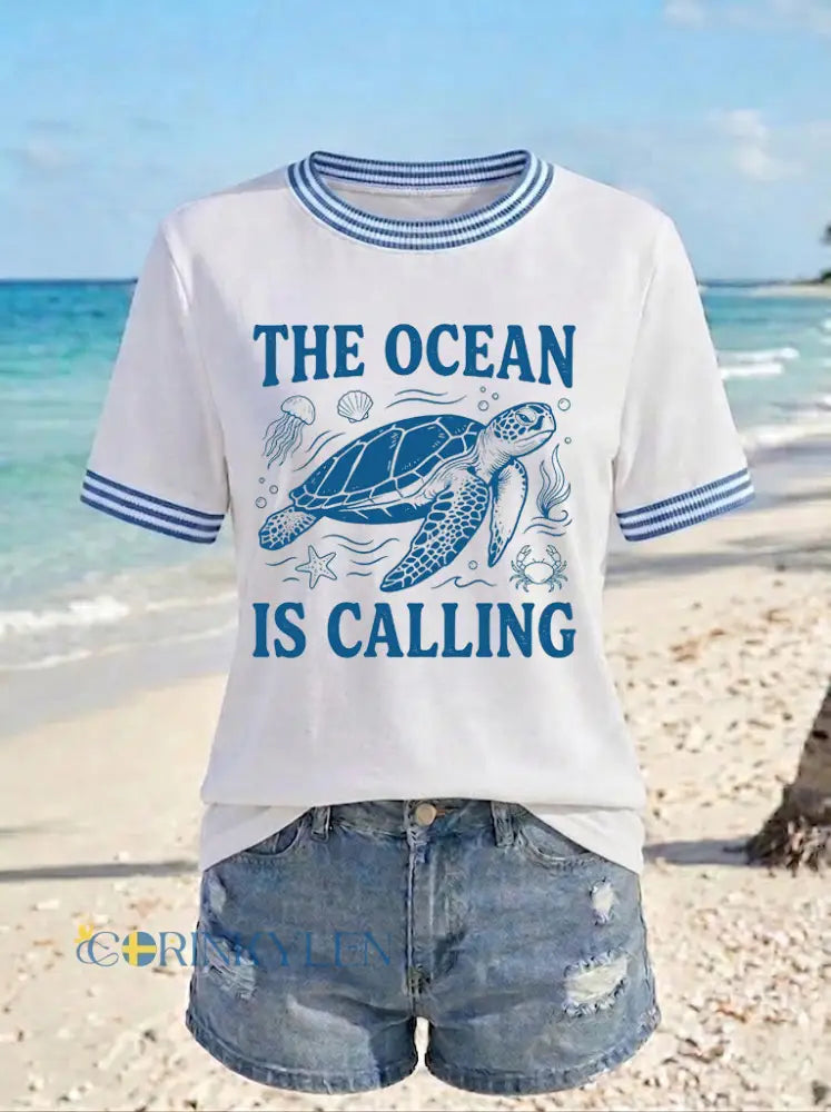 Dams T-shirt med tryckt motiv: The Ocean Is Calling - vitt / S