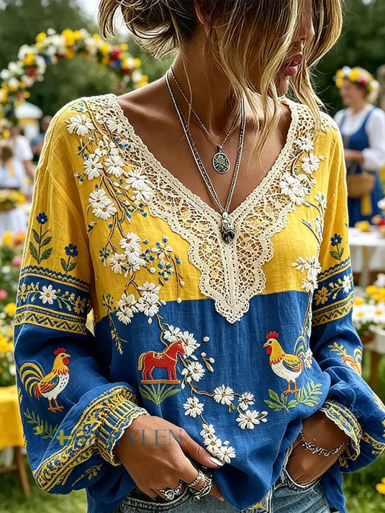 Dams topp i midsommarstil med etniskt mönster v-ringning och puffärmar - A / S