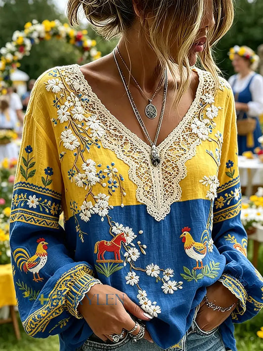 Dams topp i midsommarstil med etniskt mönster v-ringning och puffärmar - A / S
