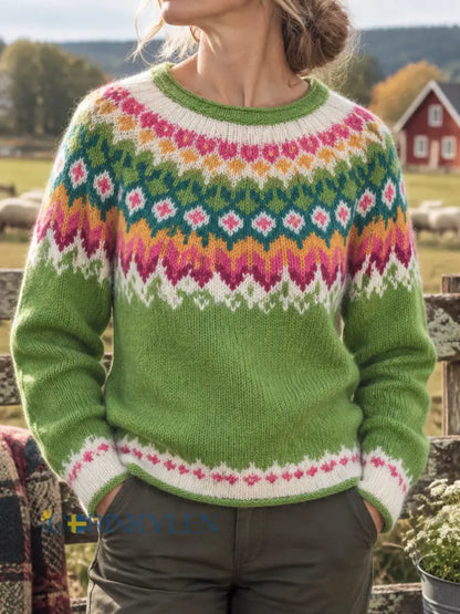 Dams tröja i retro-lantstil – bekväm stickning - grön / S