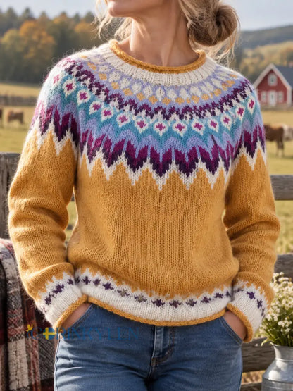 Dams tröja i retro-lantstil – bekväm stickning - gul / S