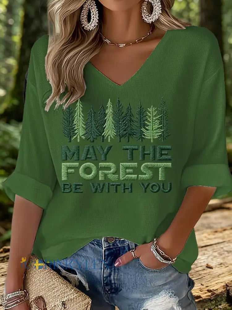 Dams Tröja i våffeltyg med tryck: May The Forest Be With You - grön / S