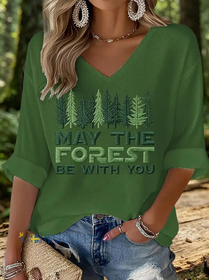 Dams Tröja i våffeltyg med tryck: May The Forest Be With You - grön / S