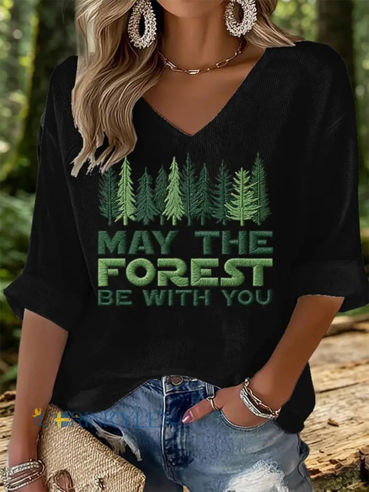 Dams Tröja i våffeltyg med tryck: May The Forest Be With You - svart / S
