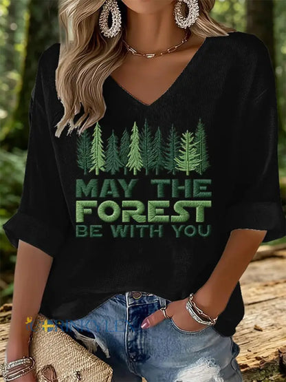 Dams Tröja i våffeltyg med tryck: May The Forest Be With You - svart / S