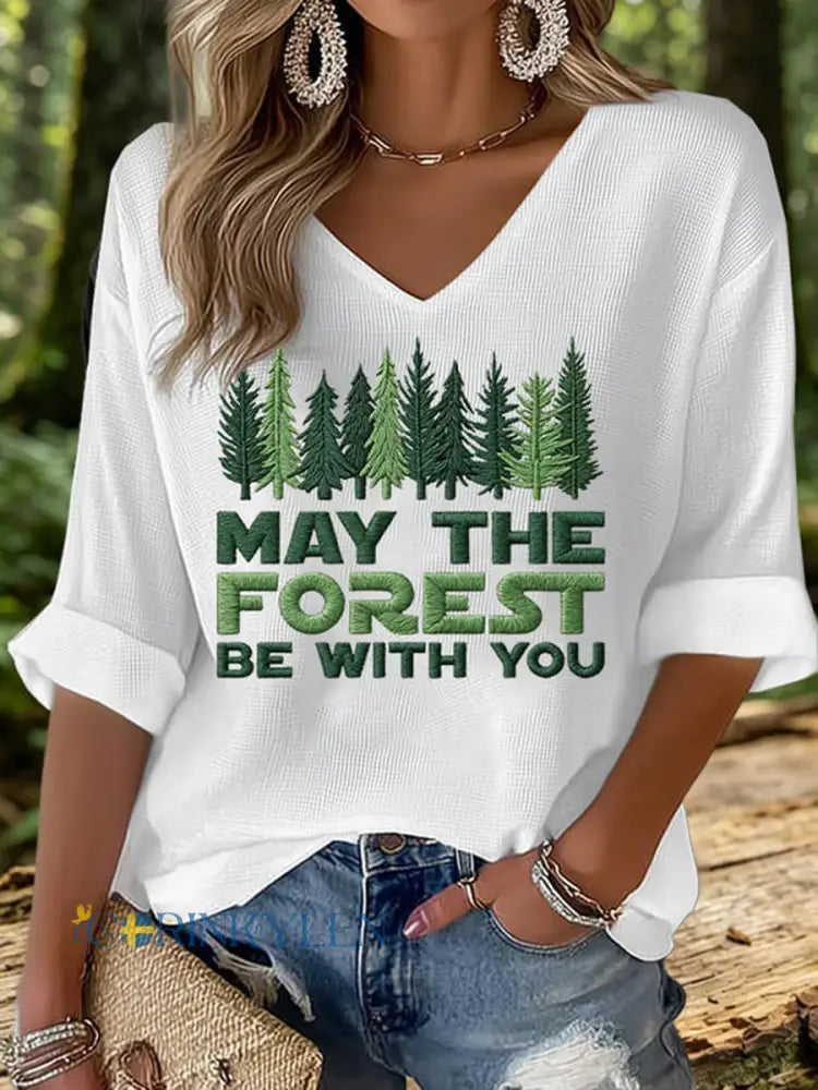 Dams Tröja i våffeltyg med tryck: May The Forest Be With You - vit färg / S