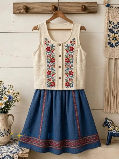 Dams väst i retrostil med svensk midsommar- folk- och blommotiv