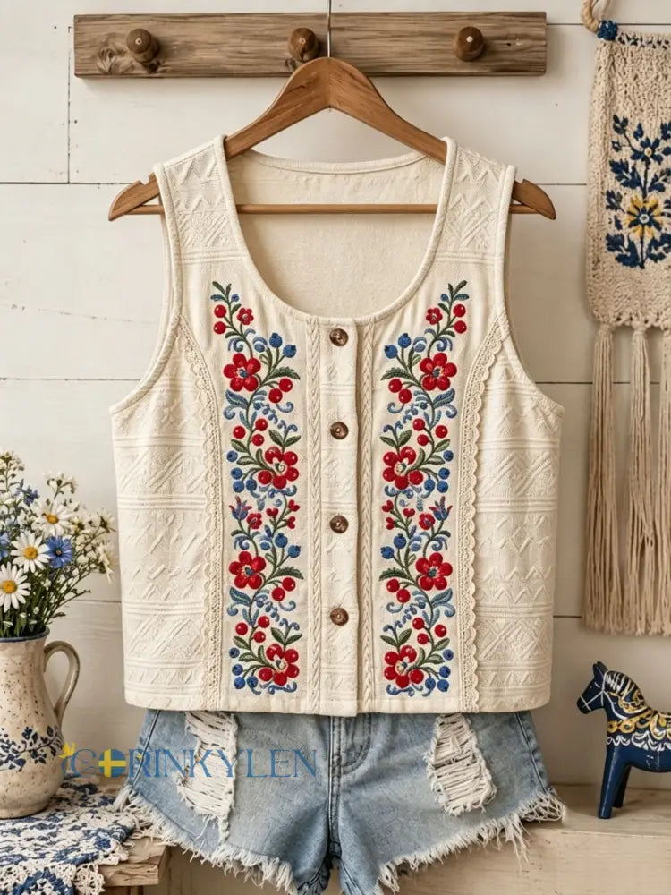 Dams väst i retrostil med svensk midsommar- folk- och blommotiv - Aprikot / S