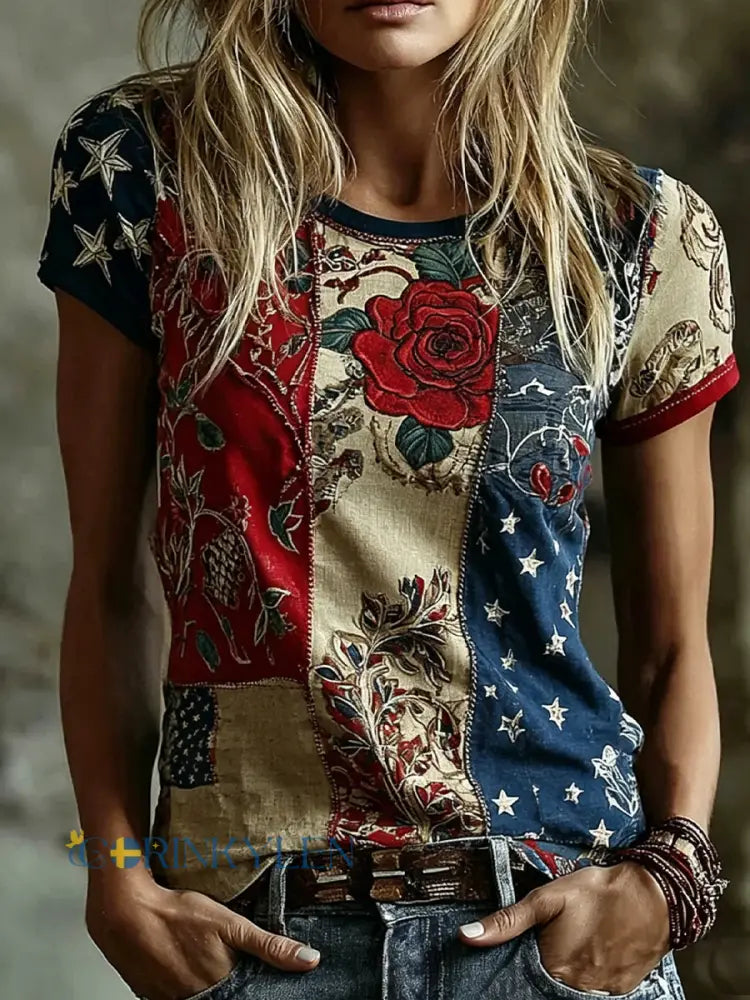Dams vintage blommig konsttryckt casual topp i bomull-linne - A / S
