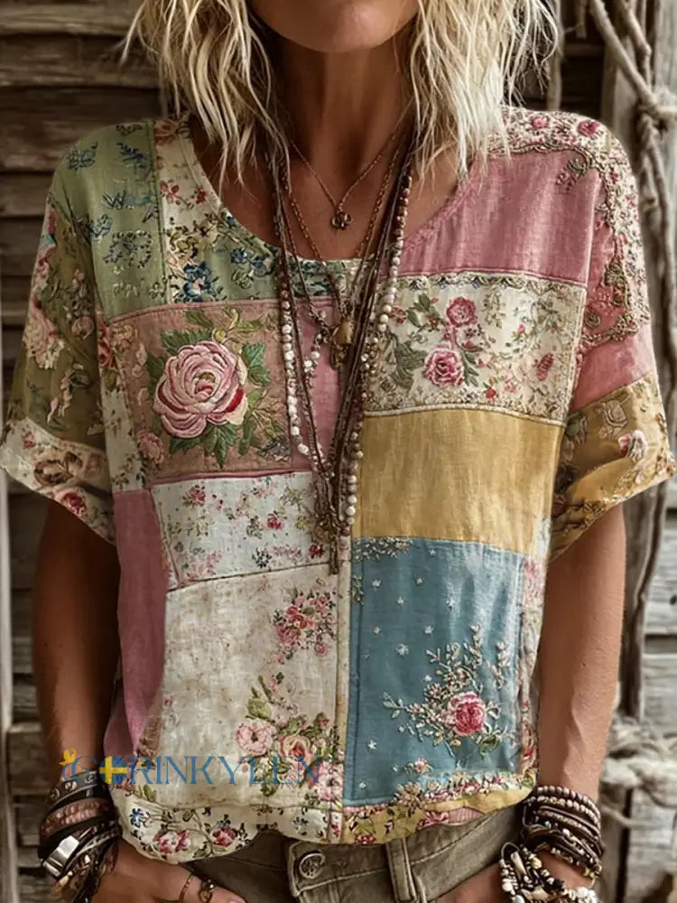 Dams vintage blommig konsttryckt casual topp i bomull-linne - A / S