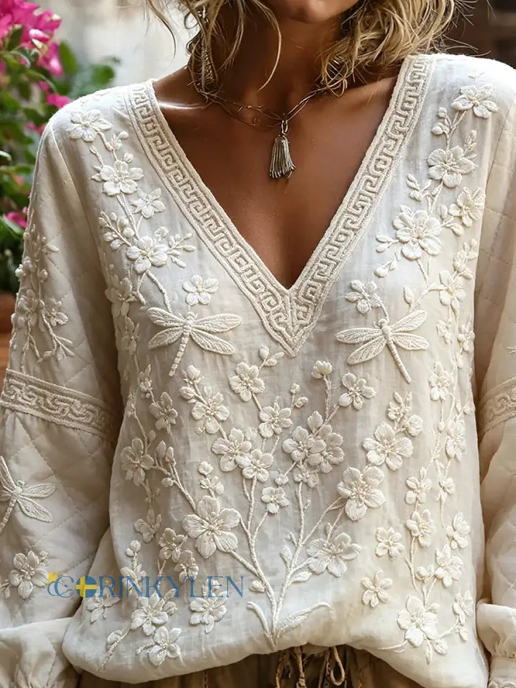 Dams vintage blommig konsttryckt casual topp i bomull-linne - A / S