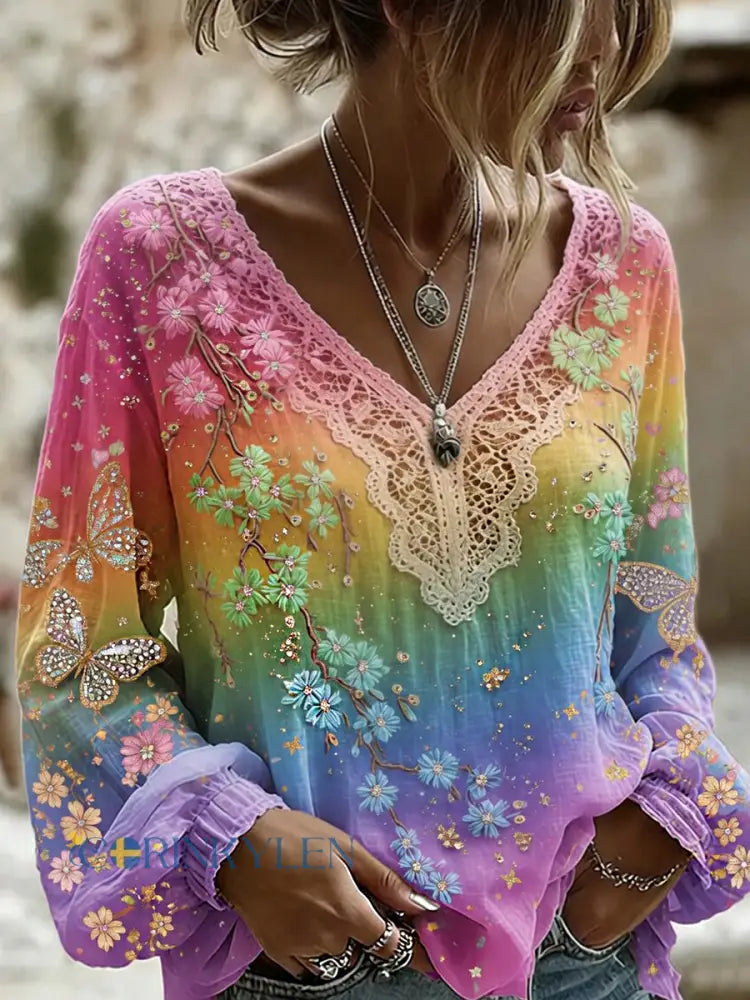 Dams vintage blommig konsttryckt casual topp i bomull-linne - A / S