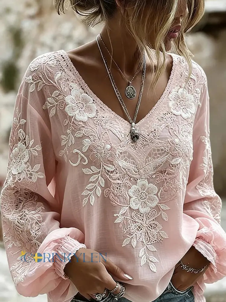 Dams vintage blommig konsttryckt casual topp i bomull-linne - A / S