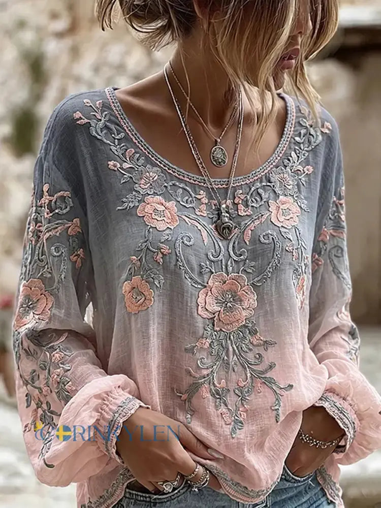 Dams vintage blommig konsttryckt casual topp i bomull-linne - A / S