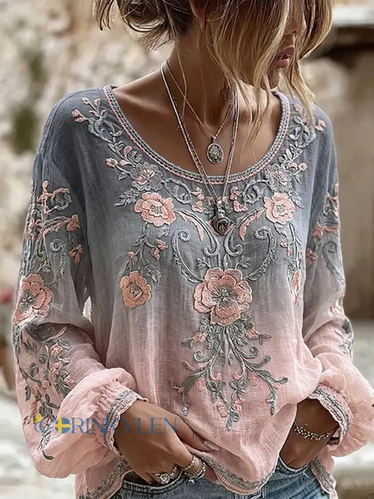 Dams vintage blommig konsttryckt casual topp i bomull-linne - A / S