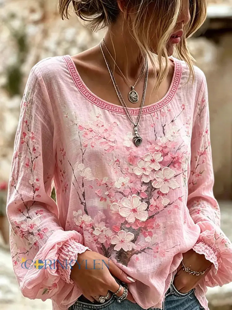 Dams vintage blommig konsttryckt casual topp i bomull-linne - A / S