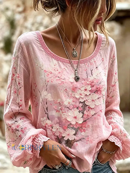 Dams vintage blommig konsttryckt casual topp i bomull-linne - A / S