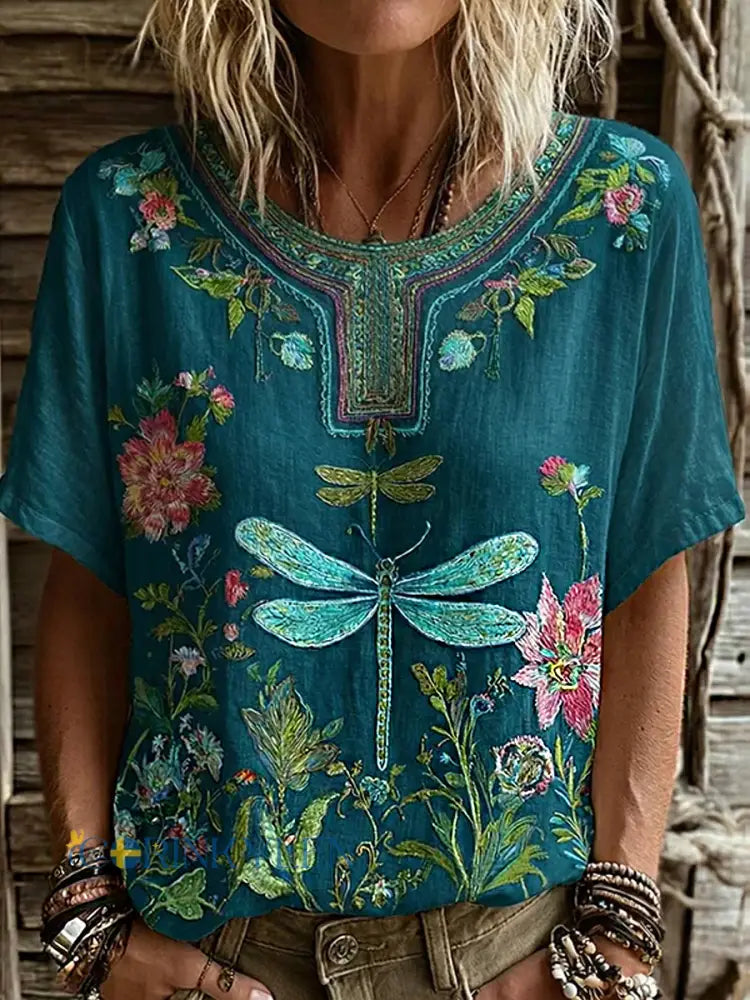 Dams vintage blommig konsttryckt casual topp i bomull-linne - A / S