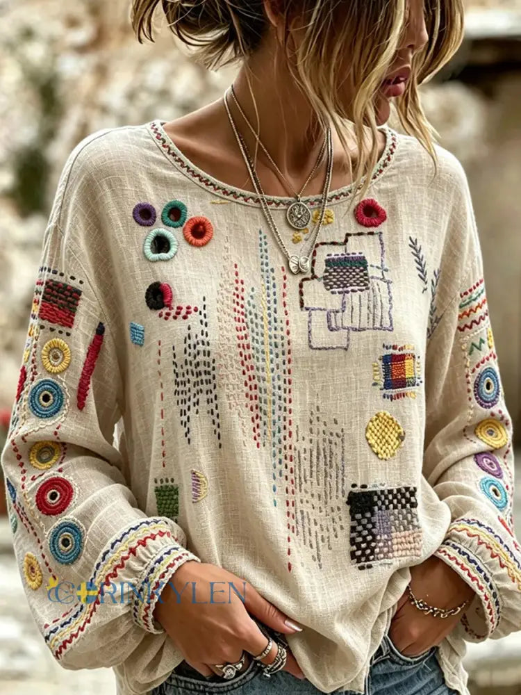 Dams vintage blommig konsttryckt casual topp i bomull-linne - A / S