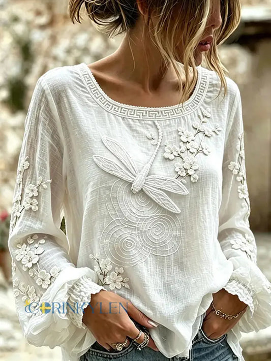 Dams vintage blommig konsttryckt casual topp i bomull-linne - A / S