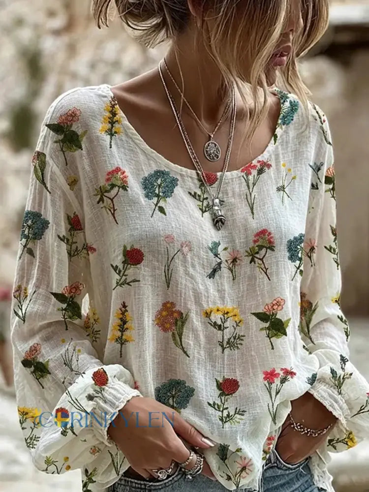 Dams vintage blommig konsttryckt casual topp i bomull-linne - A / S